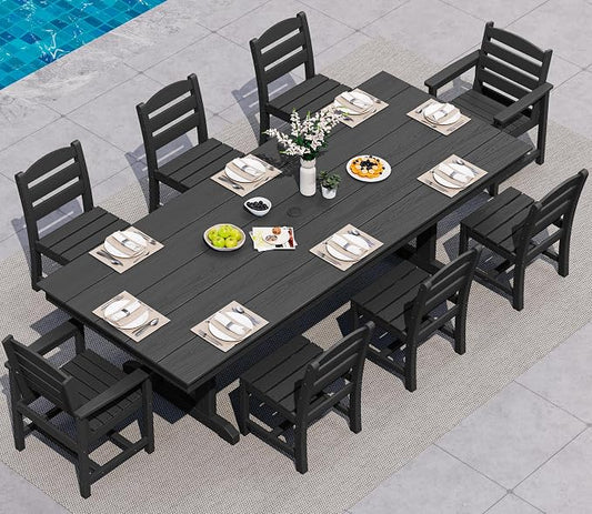 SERWALL 9 Piece Outdoor Dining Set, 84" HDPE Outdoor Table with 6 Armless Chairs and 2 Armchairs ，All Weather Patio Dining Furniture Set with Umbrella Hole for Backyard, Garden, Black
