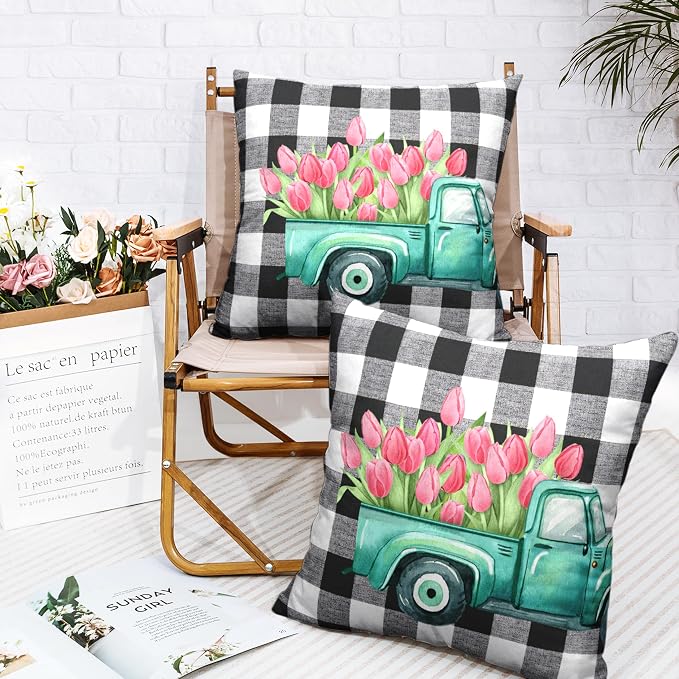Spring Summer Floral Throw Pillow Covers Pink Tulip Decorative Pillowcase Vintage Blue Truck Cushion Covers 20x20 Set of 2 for Living Room Sofa Car Square Pillow Protectors