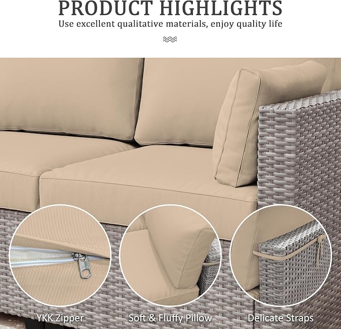 Outdoor Furniture Replacement Cushions, Waterproof Patio Furniture Cushions, 4" Deep Seat Outdoor Sectional Cushion for 3-Seat Outdoors Rattan Sofa Patio Sofa Cushion, Sand