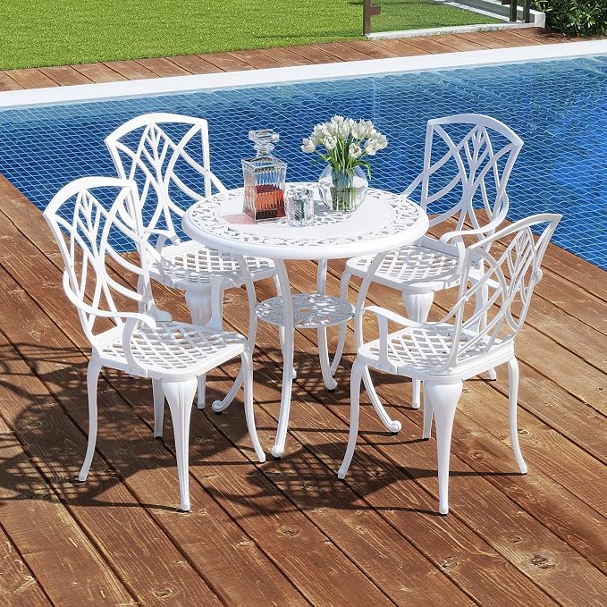 Tangkula 31.5” Cast Aluminum Patio Dining Table, Round Outdoor Bistro Table with 2” Umbrella Hole, Outdoor Side Table for Backyard, Lawn, Deck and Garden, White