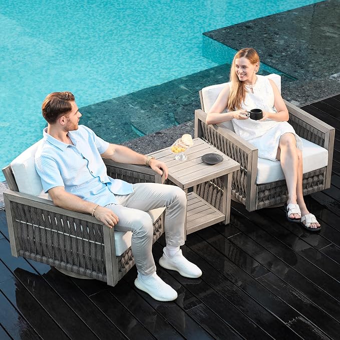 3 Pieces Patio Furniture Set, Outdoor Patio Sofa Set with 2 Swivel Chair & Side Table, All-Weather Aluminum Garden Outdoor Contemporary Sofa Chair with Cushion for Porch Yard Deck, Gray Oak