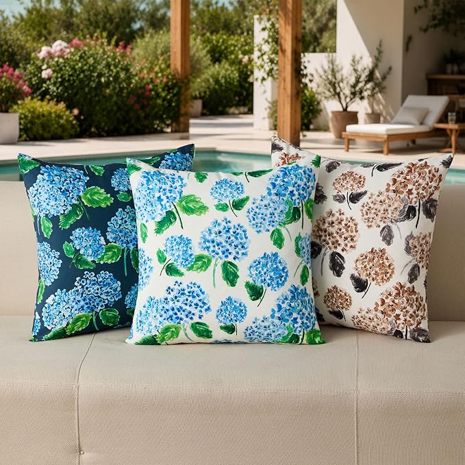 DFXSZ Outdoor Pillow Covers 18x18 Inch Set of 2 Brown Hydrangea Decor Waterproof Throw Pillow Covers Spring Summer Outdoor Waterproof Pillowcases Decor for Patio Funiture Garden Sofa Couch 026C18