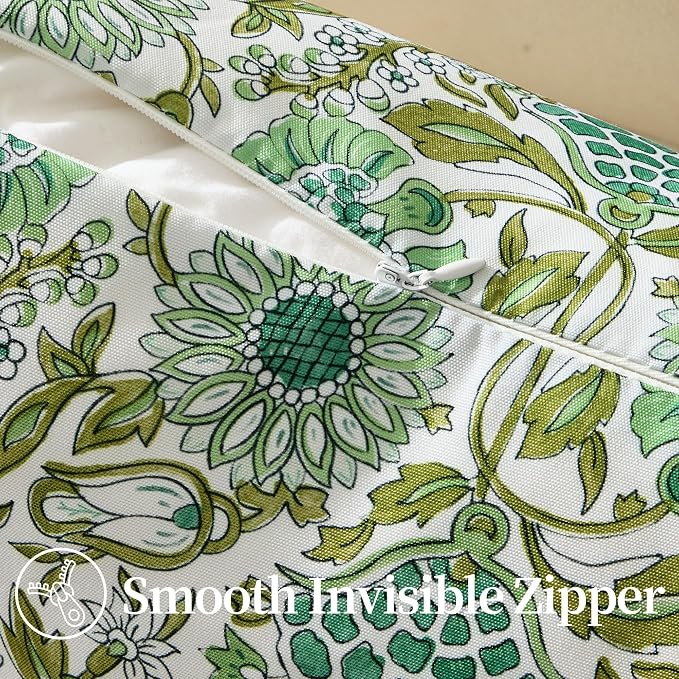 Allorry Outdoor Waterproof Pillow Covers 12x20 Green Floral Outdoor Decor | Set of 2 Vintage Floral Block Print Pillow Cover,Farmhouse Boho Decorative for Spring Summer Outdoor Sofa Bedroom Decor