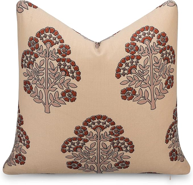 Crumbs Home Modern Farmhouse California Casual Indoor Outdoor Throw Pillow Cover, 20"x20" Water Repellent for Patio, Backyard, Couch, Poolside, Earth Tone Tan Rust Orange Block Print Hydrangea Flowers