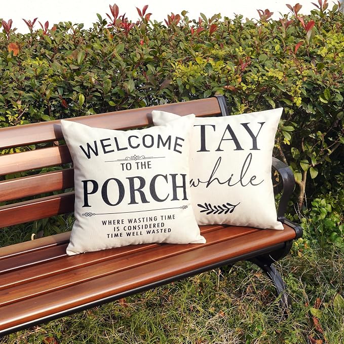 Welcome to Our Porch Stay Awhile Waterproof Outdoor Pillow Covers 18x18 Set of 2 Farmhouse Patio Furniture Decorations for Outside Garden Decor