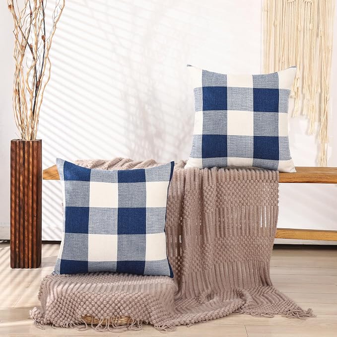 CARRIE HOME Buffalo Plaid Navy Blue and White Throw Pillow Covers 16x16 Set of 2 Farmhouse Boho Decorative Pillow Cover 16 x 16 Neutral Room Decor for Porch Patio Couch and Sofa