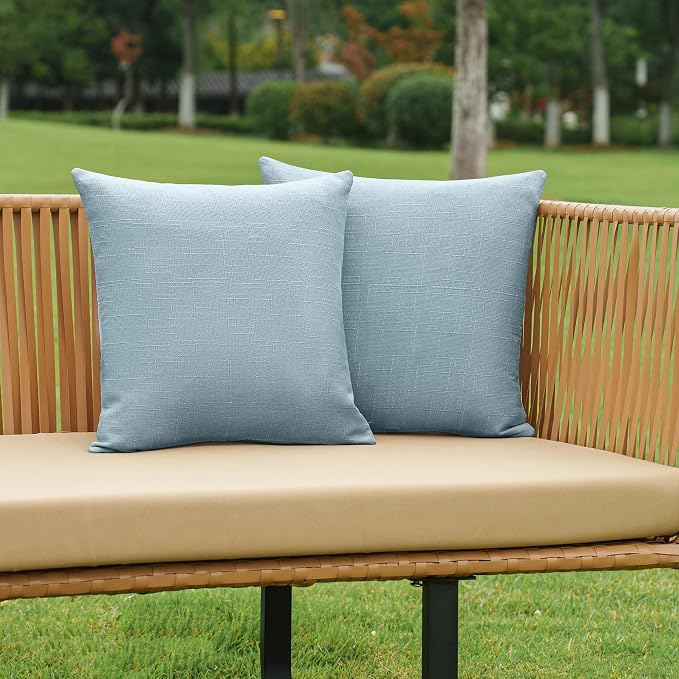 NiNi ALL Waterproof Outdoor Pillow Covers 24x24 Set of 2 Patio Light Blue | Faux Linen Textured Decorative Solid Throw Pillow Covers Farmhouse for Garden Furniture Tent Balcony Couch Sofa Cushion