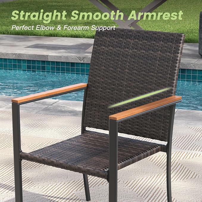 Round Patio Dining Set for 8, 53" Round Metal Table with Umbrella Hole and Stackable Wicker Patio Chairs, Outdoor Furniture Set for Deck Backyard Garden, Walnut Chairs, Walnut Table