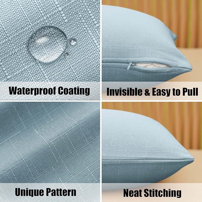 NiNi ALL Waterproof Outdoor Pillow Covers 20x20 Set of 2 Patio Light Blue | Faux Linen Textured Decorative Solid Throw Pillow Covers Farmhouse for Garden Furniture Tent Balcony Couch Sofa Cushion