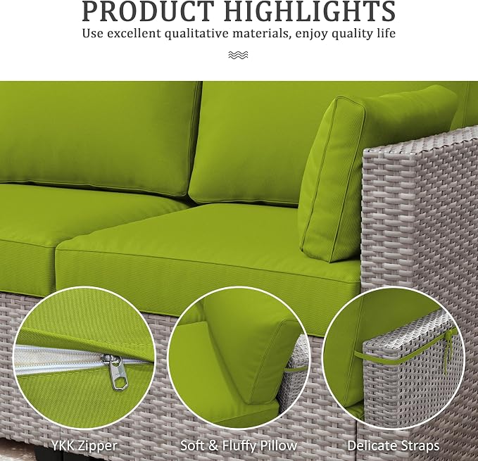 Outdoor Furniture Replacement Cushions, Waterproof Patio Furniture Cushions, 4" Deep Seat Outdoor Sectional Cushion for 3-Seat Outdoors Rattan Sofa Patio Sofa Cushion, Grass Green