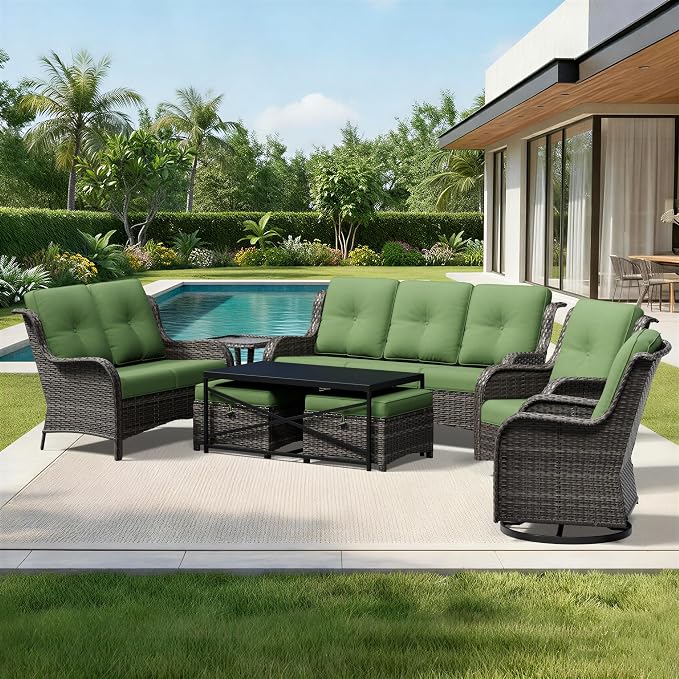 Joyside 8 Piece Wicker Patio Furniture Set, Outdoor Swivel Rocker Patio Chairs with High Back, Deep Seating, Wide Armrest, Thickened Cushions, Outdoor Furniture for Deck, Porch Use