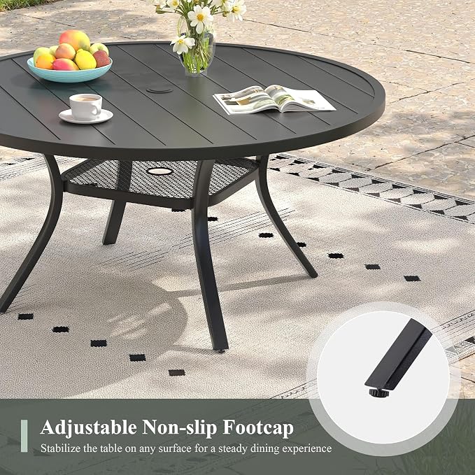 Outdoor Dining Table for 6, 47.2" Round Outdoor Table with Adjustable Umbrella Hole, All-Weather Metal Patio Dining Table for Lawn Garden Backyard Deck, Black