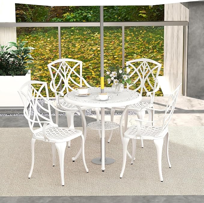 Tangkula 31.5” Cast Aluminum Patio Dining Table, Round Outdoor Bistro Table with 2” Umbrella Hole, Outdoor Side Table for Backyard, Lawn, Deck and Garden, White