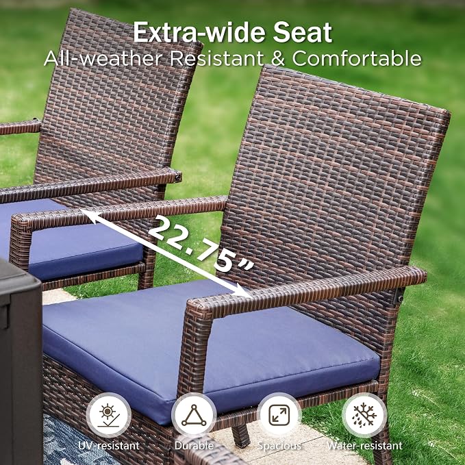 PHI VILLA 7 Piece Patio Dining Set, 60” Rectangular Table, Rattan Chairs | Outdoor Dining Set for 6, Metal Dining Table with Umbrella Hole, Wicker Chairs with Cushions for Patio, Deck, Porch