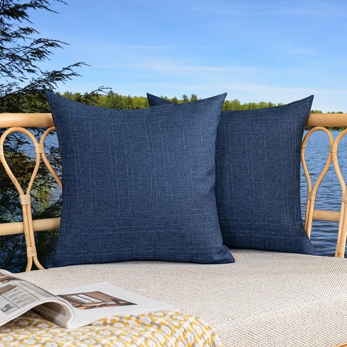 Kevin Textile Outdoor Waterproof 18”x18” Pillow Covers 2 Pack, Blue | Water Resistant, Soft Faux Linen-cotton Yarn-dyed Woven Texture Throw Pillow Covers for Tent Patio Garden Couch Sofa