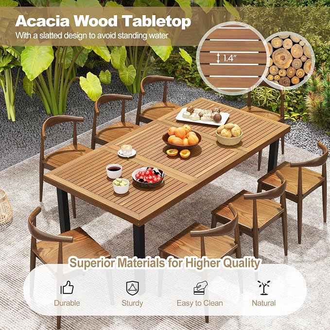 Tangkula 79" Acacia Wood Patio Dining Table for 8, Large 8-Person Outdoor Dining Table with 1.9" Umbrella Hole, Metal Legs & Adjustable Foot Pads, Rectangular Outside Table for Garden, Poolside & Yard