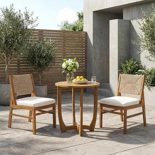 Merax Outdoor Farmhouse Acacia Wood Bistro Set of 3, Patio 27.5" Round Dining Table,2 Wicker Back Dining Chairs with Cushions for Deck, Yard, Porch, Weather Resistant, Easy Assembly, Cream+Teak
