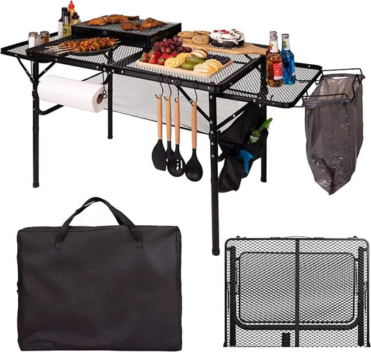 Folding Table w/ Carry Bag, Paper Towel Holder, Garbage Holder, Wing Panels, 3x2 FT Foldable Table for Portable Grill, Picnic, Outdoor, Beach, Small Folding Table Adjustable Height,Camping Table, BBQ