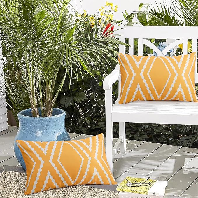 Adabana Outdoor Waterproof Pillow Covers 12x20 Yellow | Geometric Decorative Throw Pillow Covers Set of 2 for Patio, Garden, Porch, Farmhouse