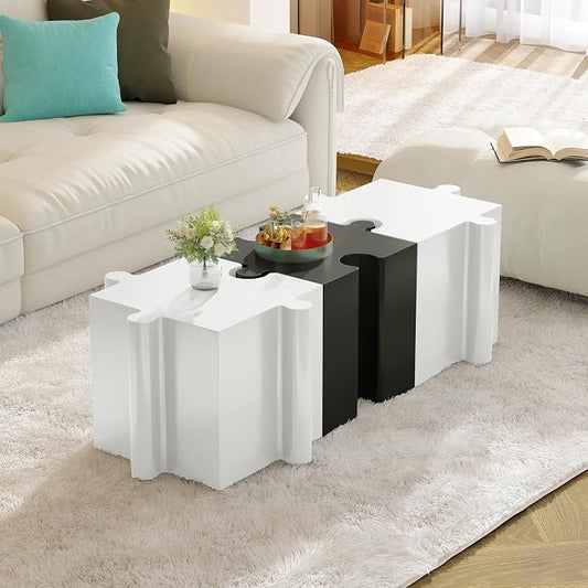 Christopher Knight Home Daton 3 Piece Interlocking Outdoor Side Table Set, Modular Lightweight Concrete Coffee Table, Convertible MGO End Table for Indoor&Outdoor, Creative Set Up, White+Black