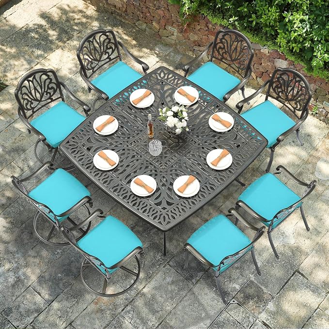 VIVIJASON 9-Piece Outdoor Furniture Dining Set, Cast Aluminum Patio Table and Chairs Set with 4 Stationary Chairs, 4 Swivel Rocker Chairs, 64" Large Square Dining Table, Umbrella Hole, Ocean Blue