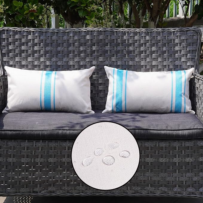 ONWAY Outdoor Pillow Covers Waterproof 12x20 Set of 2 Decorative Linen Throw Pillow Cover Beige and Blue Striped Outdoor Pillows for Patio Furniture