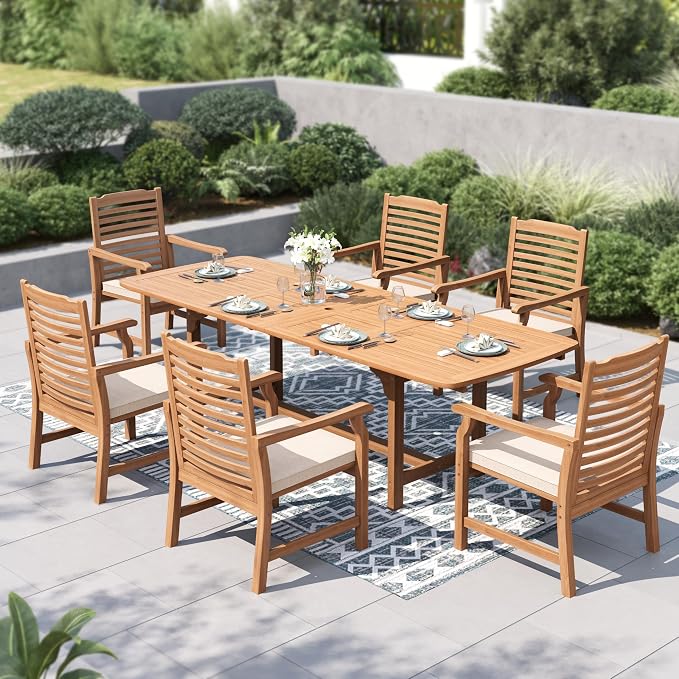 PHI VILLA 7pc Outdoor Dining Set, Expandable Wood Table w/Umbrella Hole | Acacia wood teak patio furniture set for 6. Perfect for patio, deck, porch, backyard. Chairs with cushions.