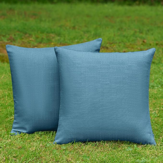 NiNi ALL Waterproof Outdoor Pillow Covers 18x18 Set of 2 Patio Dark Blue | Faux Linen Textured Decorative Solid Throw Pillow Covers Farmhouse for Garden Furniture Tent Balcony Couch Sofa Cushion