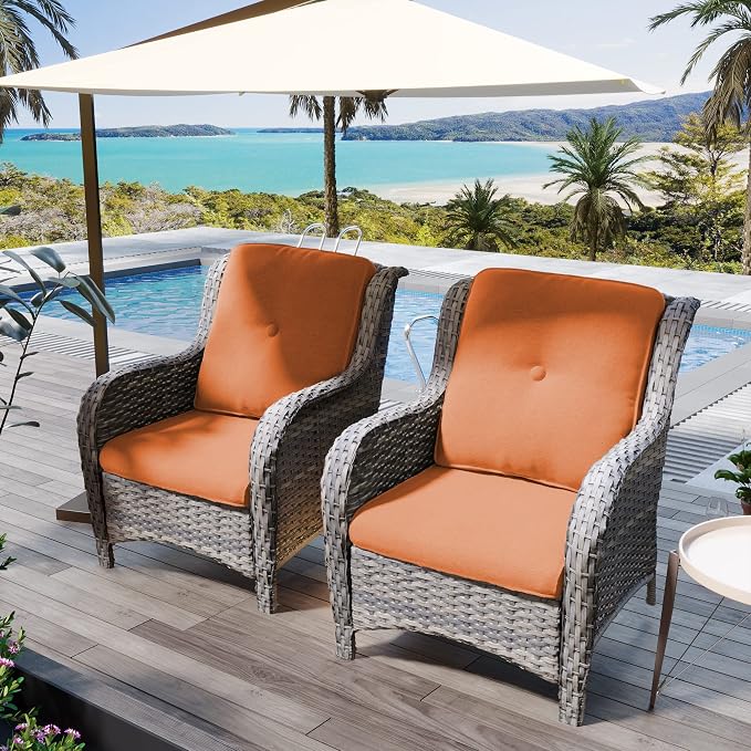 Outdoor Wicker Chair Rattan Patio Dining Chairs Set of 6 PE Wicker Patio Chairs with 4 inch Seat Cushions Patio Seating Chair for Garden, Backyard Swimming Pool, Balcony, Orange