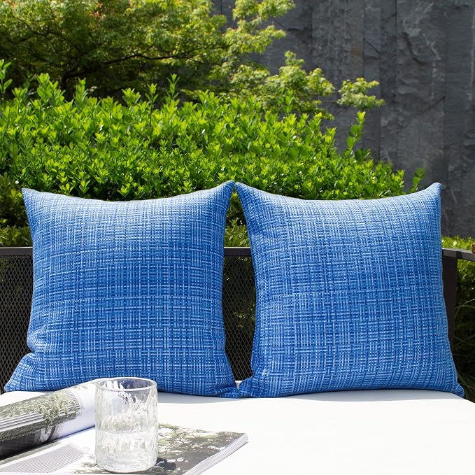 Kevin Textile Outdoor Waterproof 26x26 Inch Pillow Covers 2 Pack, Blue | Water Resistant, Faux Linen Yarn-dyed, Woven Texture Euro Throw Pillow Covers for Tent Patio Garden Couch Sofa