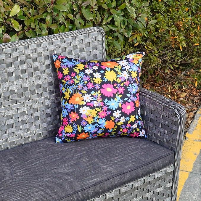 ONWAY Outdoor Floral Pillow Covers 18X18 inch Set of 2 Waterproof Yellow and Pink Flowers Black Decorative Throw Pillowcases for Patio Furniture Garden Spring Summer Cushion Cover