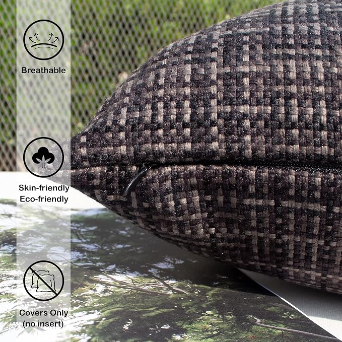 Kevin Textile Outdoor Waterproof 24x24 Inch Pillow Covers 2 Pack, Black | Water Resistant, Faux Linen Yarn-dyed, Woven Texture Euro Throw Pillow Covers for Tent Patio Garden Couch Sofa