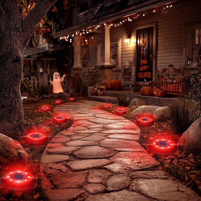 Flacchi Solar Ground Lights - Solar Powered Lights Outdoor Solar Disk Light Waterproof Landscape Light for Patio Yard Pathway Walkway Driveway (Red, 12 Pack)