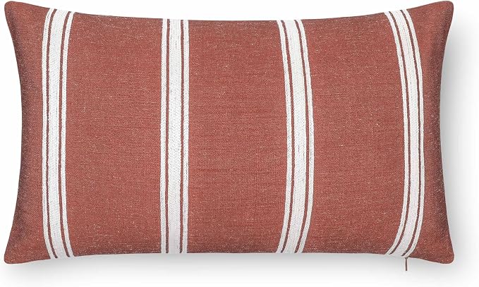 Modern Farmhouse California Casual Indoor Outdoor Lumbar Pillow Cover, 12"x20" Water Repellent for Patio, Backyard, Couch, Poolside, Rust Orange White Embroidered Stripes
