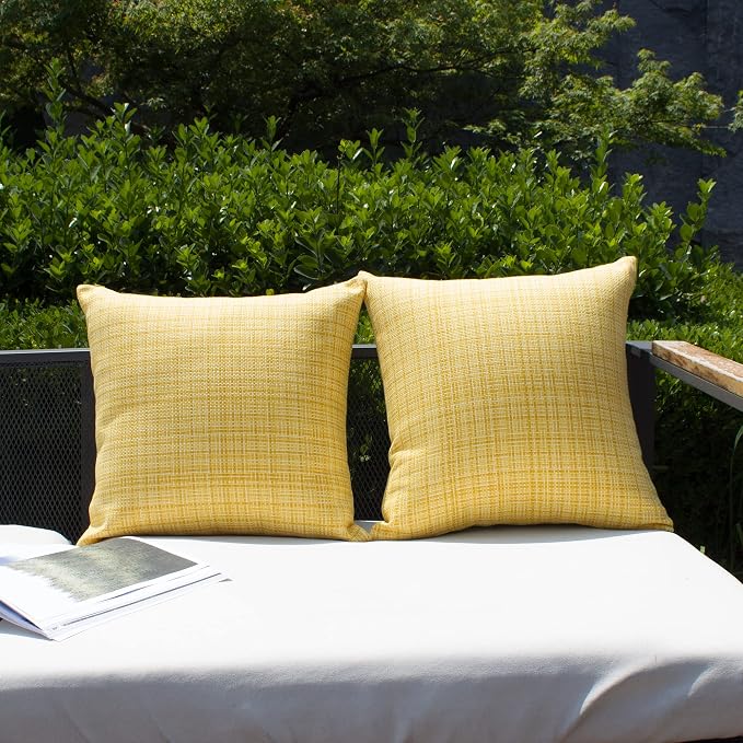 Kevin Textile Outdoor Waterproof 20x20 Inch Pillow Covers 2 Pack, Yellow | Water Resistant, Faux Linen Yarn-dyed, Woven Texture Throw Pillow Covers for Tent Patio Garden Couch Sofa