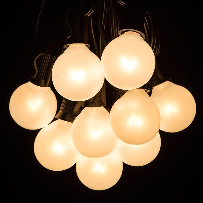 G40 White Pearl Outdoor Patio Globe String Lights (25 Foot - White Wire) | G40 Frosted White Pearl 1.6" Bulbs