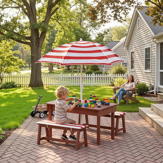 BRINJOY Kids Picnic Table with Umbrella, Outdoor Wooden Table & Bench Set w/Cushions & 2 Removable Boxes, 4-in-1 Children Sand and Water Table Activities Furniture for Patio, Garden, Indoor Outdoor