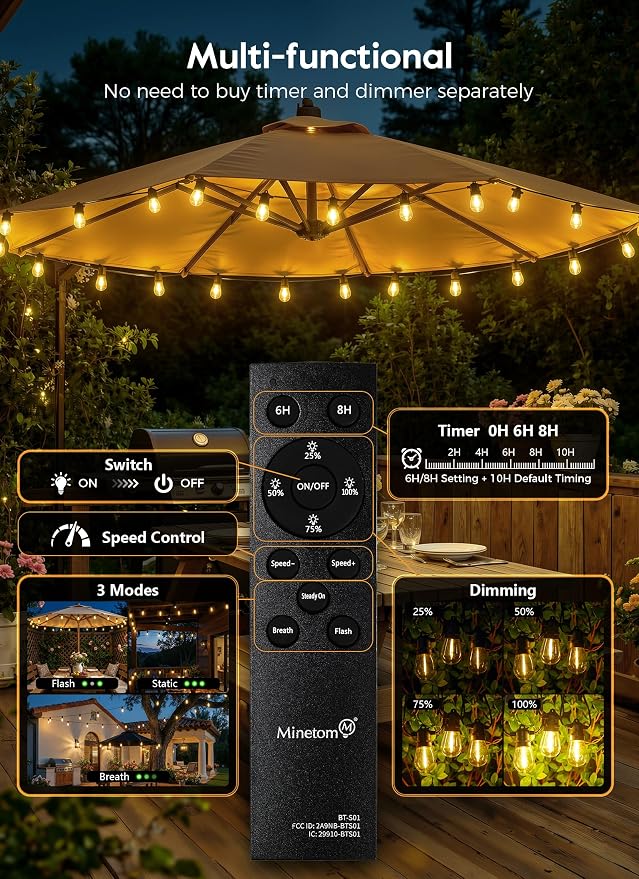 Minetom 163FT Solar String Lights Outdoor Waterproof,S14 Patio Lights | 52 LED Shatterproof Bulb, Remote Type-C Port Timable, 3 Light Modes Dimmable Solar String Lights for Outside, Yard, Camping