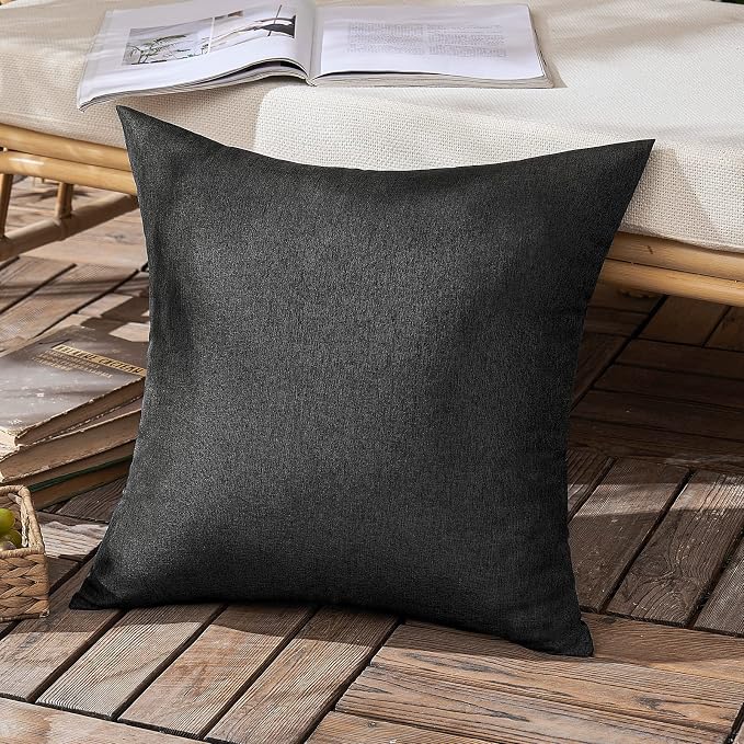 Outdoor Waterproof Throw Pillow Covers Black 16x16 Set of 2 | Decorative Farmhouse Linen Pillowcases Solid Cushion Cases for Patio Tent Balcony Couch Sofa Living Room