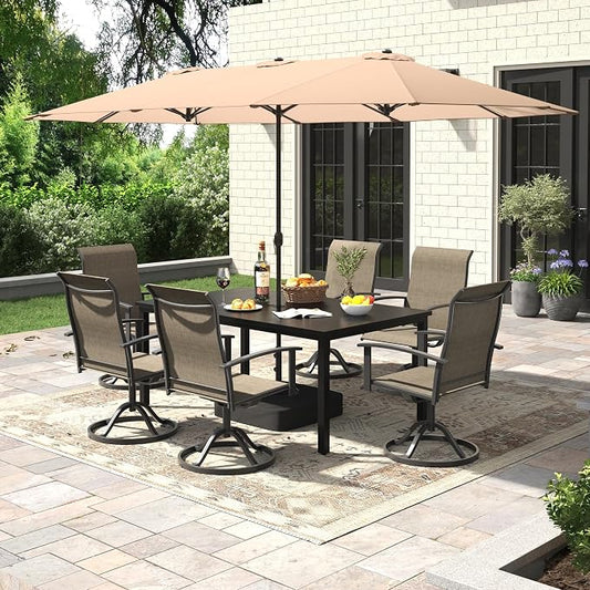7 Pieces Patio Dining Set with Patio Umbrella, Outdoor Furniture of 63" Rectangular Patio Table and Patio Swivel Chairs for Backyard Lawn Garden, Black Table and Mixed Brown Chairs
