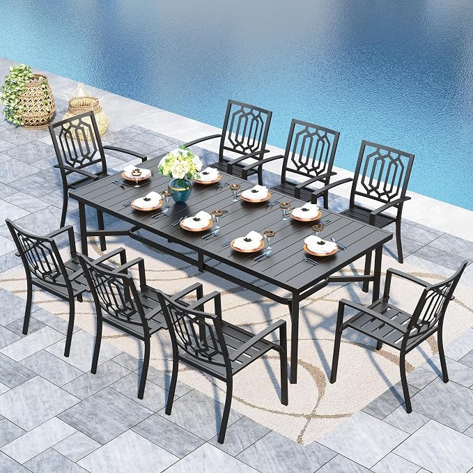 Sophia & William Patio Table and Chairs Set, Outdoor Dining Set for 8, 9 Piece Metal Patio Furniture, 82.7" Black Rectangular Table(Geometry)
