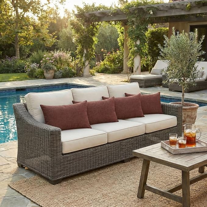 RSH DECOR: Sunbrella Lumbar Throw Pillows Set of 4 | 20" x 12" | Water and Fade-Resistant Performance Fabric | Outdoor Pillow Covers with Down-Alternative Inserts | Made in USA (Essential Russet)
