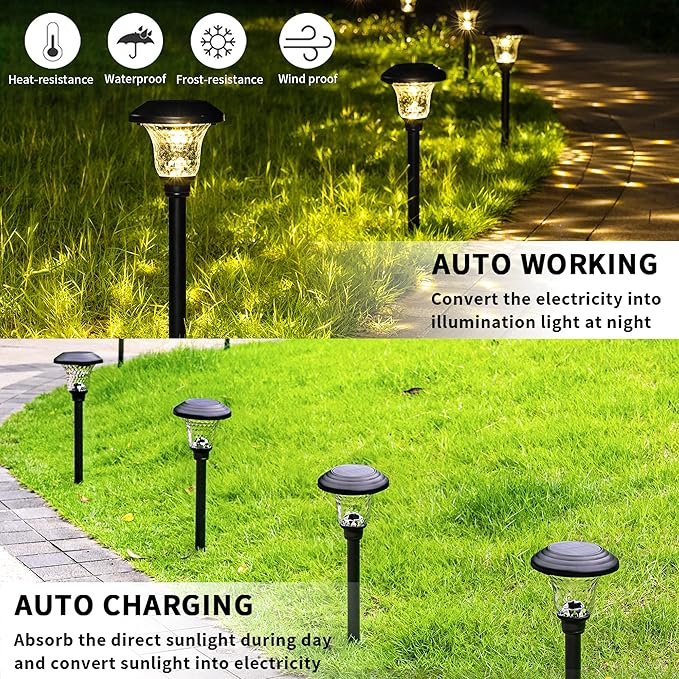 GIGALUMI Metal & Glass Solar Lights Outdoor, 8 Pack LED Garden Lights | Solar Pathway Lights Waterproof IP65, Warm White Landscape Path Lights, Garden Decor for Yard, Patio, Walkway (Black)