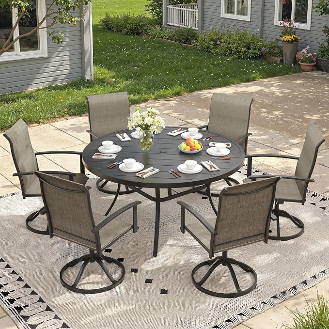 Outdoor Dining Table for 6, 50" Round Outdoor Table with Adjustable Umbrella Hole, All-Weather Metal Patio Dining Table for Lawn Garden Backyard Deck, Black