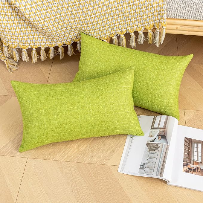 Kevin Textile Outdoor Waterproof 14”x24” Lumbar Pillow Covers 2 Pack, Green | Water Resistant, Soft Faux Linen-cotton Yarn-dyed Woven Texture Throw Pillow Covers for Tent Patio Garden Couch Sofa