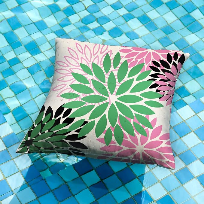 DFXSZ Outdoor Waterproof Pillow Covers 18x18 Set of 2 Green Pink Flower | Spring Summer Waterproof Flower Throw Pillowcases（No Inserts）Decor for Valentines Patio Funiture Garden Polyester Covers