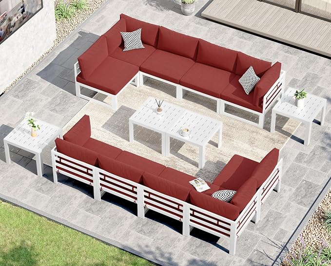 NICESOUL 14 Piece Luxury Aluminum Outdoor Sectional Sofa with End Table, L Shaped Oversized Modular Patio Furniture Set, 29" Deep Wide Seating, 500 lbs Heavy Duty Conversation Set for Backyard, Red