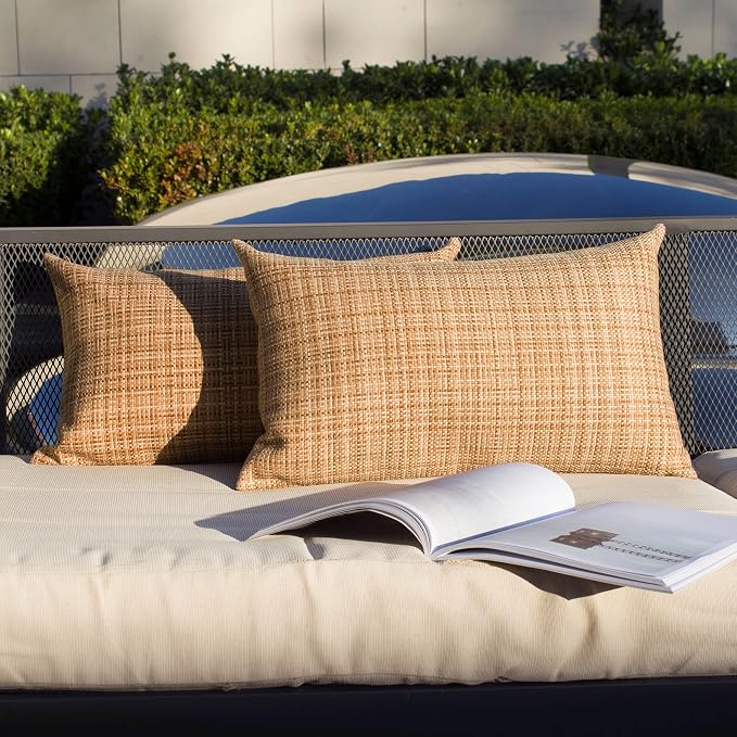 Kevin Textile Outdoor Waterproof 14"x24" Lumbar Pillow Covers 2 Pack, Beige | Water Resistant, Faux Linen Yarn-dyed, Woven Texture Throw Pillow Covers for Tent Patio Garden Couch Sofa