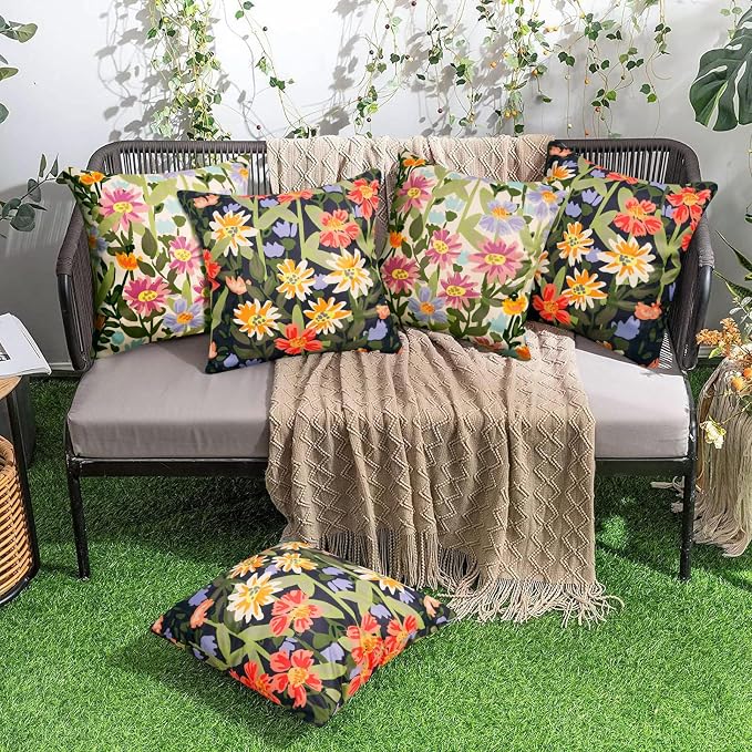 Pyonic Outdoor Pillows Covers Pack of 2 Spring Floral Waterproof Throw Pillow Covers 16X16 inch Outdoor Pillows for Patio Furniture Garden Square Outside Waterproof Pillow