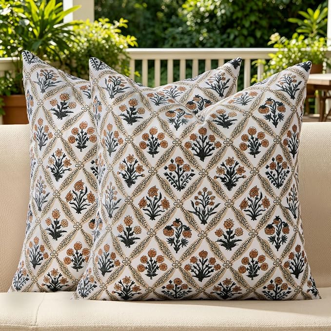Allorry Floral Outdoor Pillow Covers 18x18 Brown Outdoor Waterproof Decor | Set of 2 Vintage Floral Block Print Pillow Cover,Farmhouse Boho Decorative for Spring Summer Outdoor Sofa Bedroom Decor